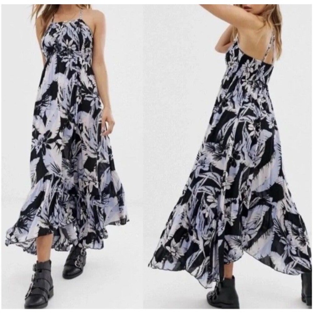 Intimately Free People Maxi Dress L Heat Wave Floral Tropical Smocked Blue Pink